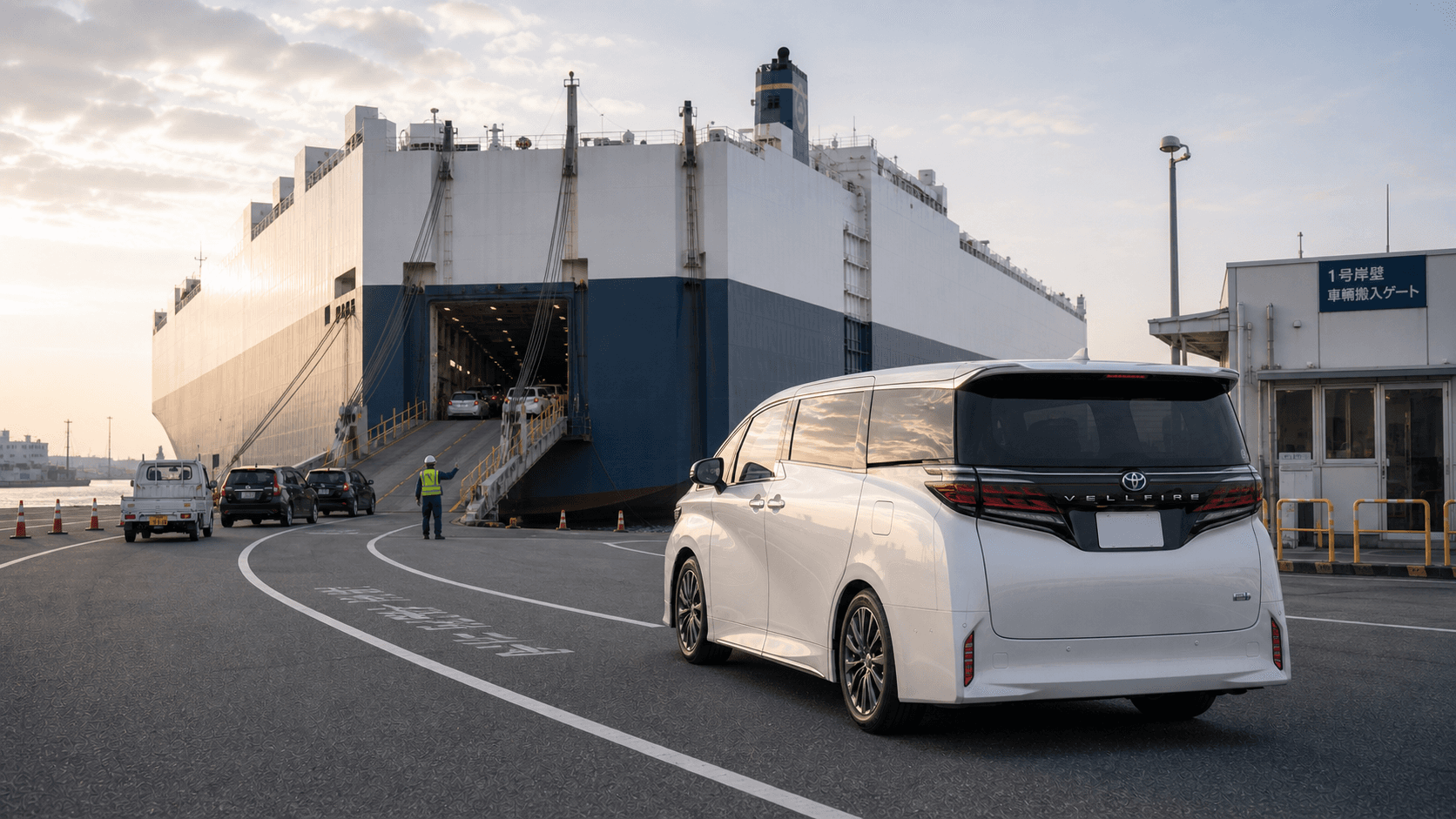 Toyota Vellfire approaching a vehicle carrier at a Japanese export terminal