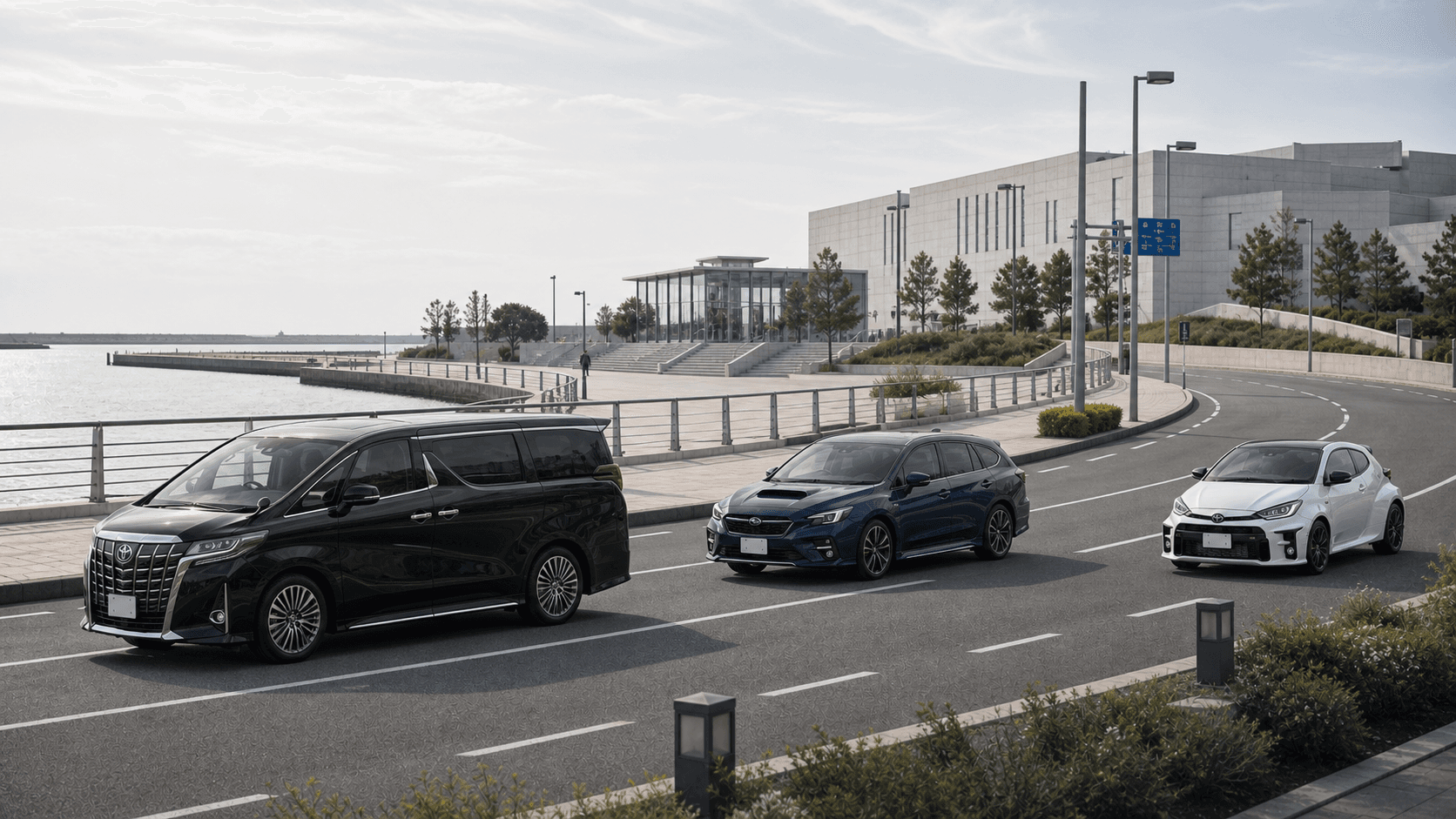 Toyota Alphard, Subaru Levorg and Toyota GR Yaris driving through a Japanese waterfront district