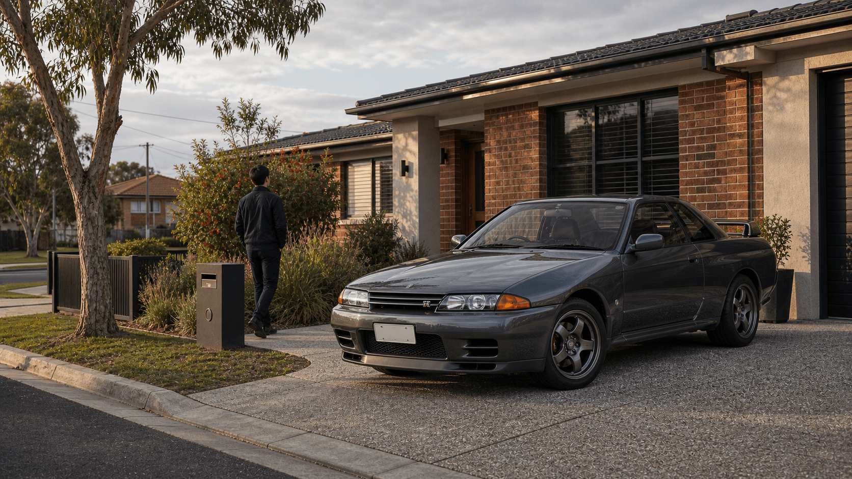 Gun Grey Metallic Nissan Skyline GT-R R32 in the driveway of a Melbourne home